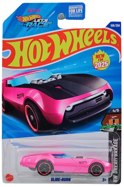 Hot Wheels 2025 - Collector # 108/250 - My Dream Garage 4/5 / New Models - Slide-Burn - Pink Metalflake / Black Hood - USA 'Let's Race' Card