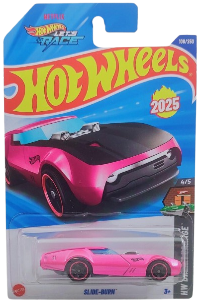 Hot Wheels 2025 - Collector # 108/250 - My Dream Garage 4/5 / New Models - Slide-Burn - Pink Metalflake / Black Hood - International 'Let's Race' Card