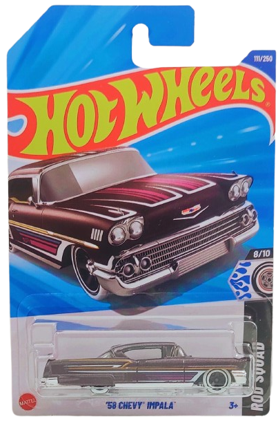 Hot Wheels 2025 - Collector # 111/250 - Rod Squad 8/10 - '58 Chevy Impala - Metalflake Wine / Scallops, Stripes and Pinstripes - B5SP Wheels on White Walls - International Card