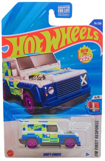 Hot Wheels 2025 - Collector # 114/250 - HW First Response 4/5 - New Models - Drift-Ender - White / Police - Purple Aero Disc Wheels - USA Card