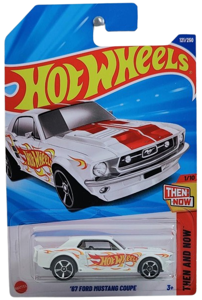 Hot Wheels 2025 - Collector # 121/250 - Then and Now 1/10 - '67 Ford Mustang Coupe - White / Red Stripes & Hot Wheels - International Card