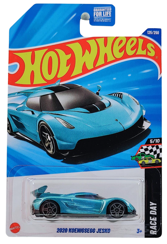 Hot Wheels 2025 - Collector # 125/250 - HW Race Day 5/10 - 2020 Koenigsegg Jesko - Metalflake Horizon Blue - Gray PR5 Wheels - USA Card