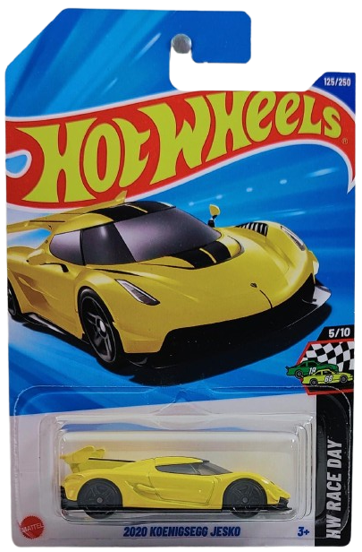 Hot Wheels 2025 - Collector # 125/250 - HW Race Day 5/10 - 2020 Koenigsegg Jesko - Yellow with Black Racing Stripes - Black PR5 Wheels - International Card