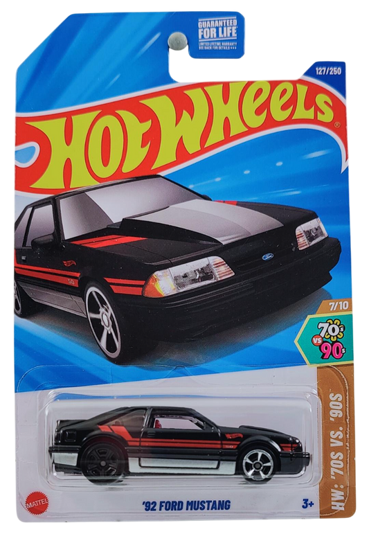 Hot Wheels 2025 - Collector # 127/250 - HW: '70s VS. '90s 7/10 - '92 Ford Mustang - Black / Red Stripes - ERROR Rear M5 Wheels - USA Card