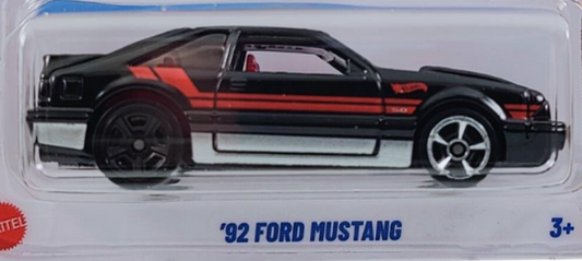 Hot Wheels 2025 - Collector # 127/250 - HW: '70s VS. '90s 7/10 - '92 Ford Mustang - Black / Red Stripes - ERROR Rear M5 Wheels - USA Card