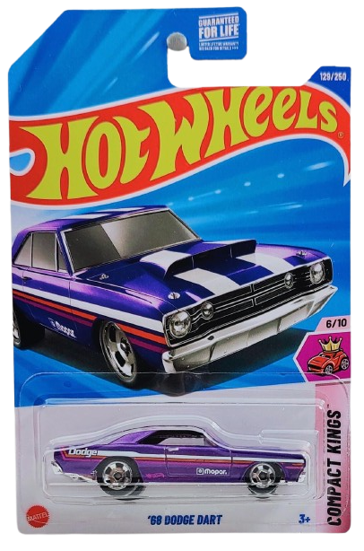 Hot Wheels 2025 - Collector # 129/250 - Compact Kings 6/10 - '68 Dodge Dart - Metalflake Purple with Stripes - Retro Slot Wheels - USA Card