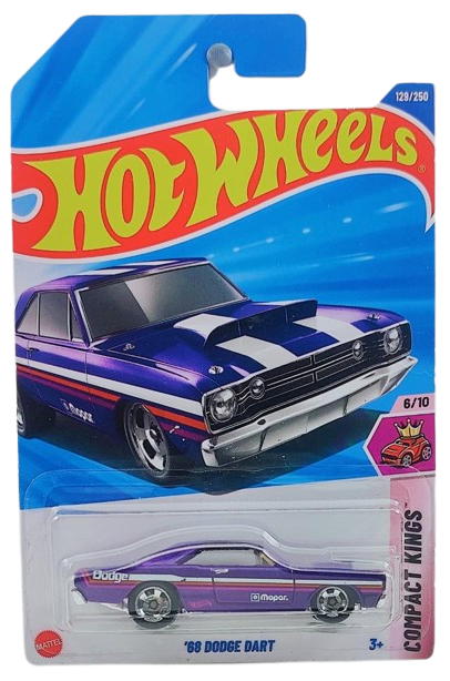 Hot Wheels 2025 - Collector # 129/250 - Compact Kings 6/10 - '68 Dodge Dart - Metalflake Purple with Stripes - Retro Slot Wheels - International Card