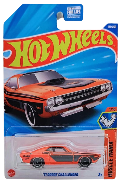Hot Wheels 2025 - Collector # 131/250 - Muscle Mania 1/10 - '71 Dodge Challenger - Orange / Black Stripes & Graphics - Chrome & Black MC5 Wheels - USA Card