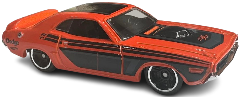 Hot Wheels 2025 - Collector # 131/250 - Muscle Mania 1/10 - '71 Dodge Challenger - Orange / Black Stripes & Graphics - Chrome & Black MC5 Wheels - USA Card