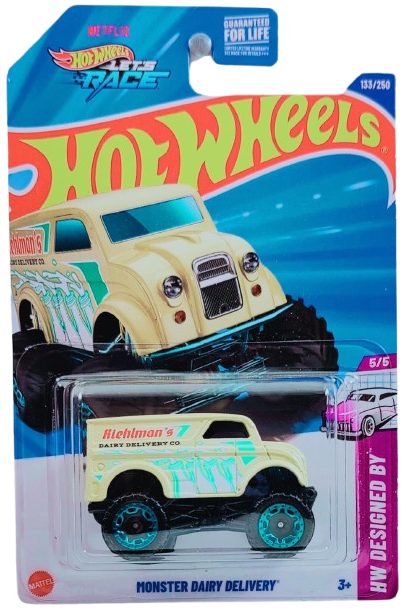 Hot Wheels 2025 - Collector # 133/250 - HW Designed By 5/5 - Monster Dairy Delivery - Tan / 'Riehlman's Dairy Delivery Co' - USA 'Let's Race' Card