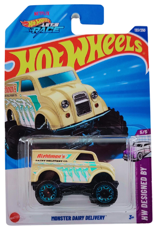 Hot Wheels 2025 - Collector # 133/250 - HW Designed By 5/5 - Monster Dairy Delivery - Tan / 'Riehlman's Dairy Delivery Co' - International 'Let's Race' Card