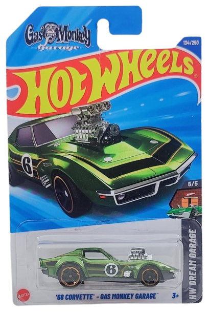 Hot Wheels 2025 - Collector # 134/250 - HW Dream Garage 5/5 - '68 Corvette / Gas Monkey Garage - Metalflake Green / #6 / Black & Gold Scallops - Chrome Orange & Black MC5 Wheels - International 'Gas Monkey Garage' Card