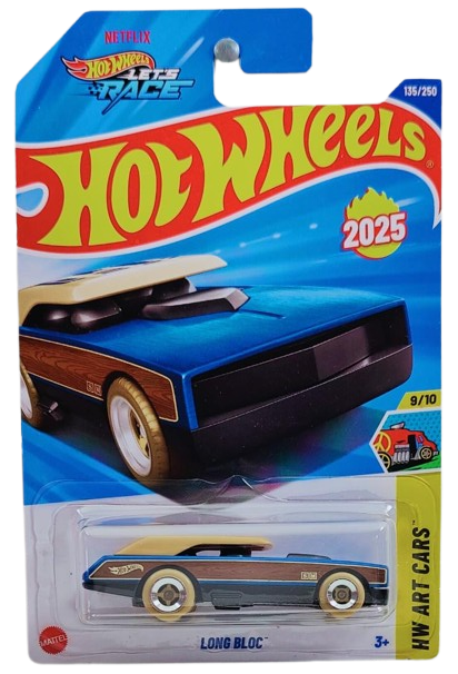 Hot Wheels 2025 - Collector # 135/250 - HW Art Cars 9/10 - Long Bloc - Egyptian Blue / 'E' on Tan Roof - International Card