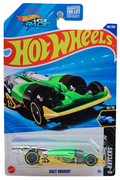 Hot Wheels 2025 - Collector # 136/250 - X-Raycers 10/10 - Salt Shaker - Transparent Green over Yellow / #4 - USA 'Let's Race' Card