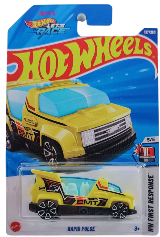 Hot Wheels 2025 - Collector # 137/250 - HW First Response 5/5 - Rapid Pulse - Yellow / EMT - White Trap5 Wheels - International 'Let's Race' Card