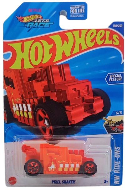 Hot Wheels 2025 - Collector # 138/250 - HW Ride-Ons 5/5 - Pixel Shaker - Orange / Flames - Red Chrome 5 Spoke Wheels - USA 'Let's Race' Card
