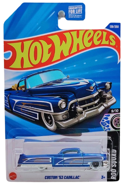 Hot Wheels 2025 - Collector # 139/250 - Rod Squad 9/10 - Custom '53 Cadillac - Metalflake Blue / White with Gold Scallops - Whitewall Black 5 Spoke Wheels - USA Card