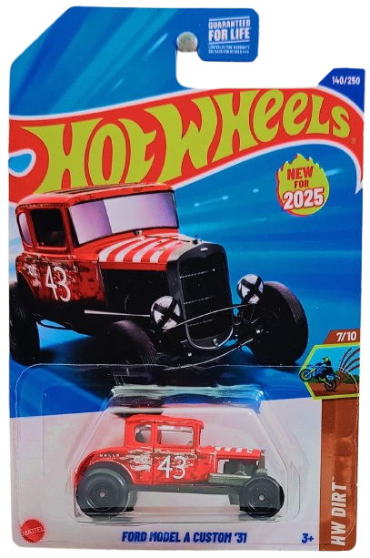 Hot Wheels 2025 - Collector # 140/250 - HW Dirt 7/10 - New Models - Ford Model A Custom '31 - Matte Red / #43 - Wire in Motion Wheels - USA Card
