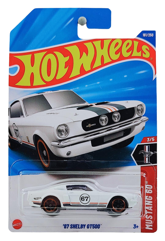 Hot Wheels 2025 - Collector # 161/250 - Mustang 60th 3/5 - '67 Shelby GT500 - White / #67 / Black & Orange Stripes - Muscle Car 5 Spoke Wheels - International Card