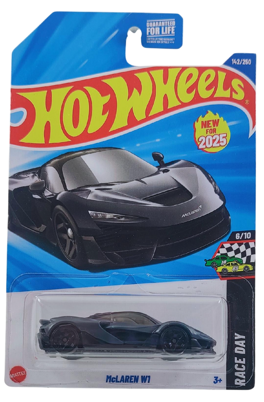 Hot Wheels 2025 - Collector # 142/250 - HW Race Day 6/10 - New Models - McLaren W1 - Satin Graphite Gray - Black Y5 Spoke Wheels - USA Card