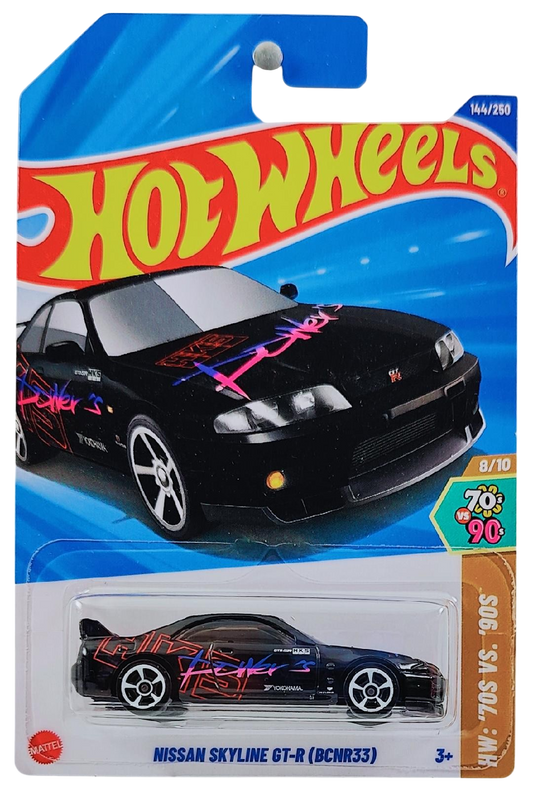 Hot Wheels 2025 - Collector # 144/250 - HW: '70s vs. '90s 8/10 - Nissan Skyline GT-R (BCNR33) - Black / HKS Power - International Card
