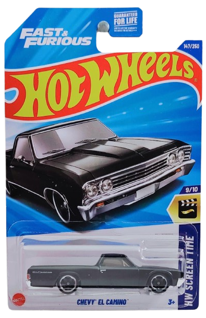 Hot Wheels 2025 - Collector # 147/250 - HW Screen Time 9/10 - Chevy El Camino - Matte Black - Muscle Car 5-Spoke Wheels - USA 'Fast & Furious' Card - 1st Appearance in the Mainline