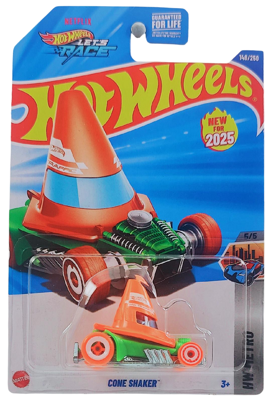 Hot Wheels 2025 - Collector # 148/250 - HW Metro 5/5 - New Model - Cone Shaker - Orange over Green - USA 'Let's Race' Card