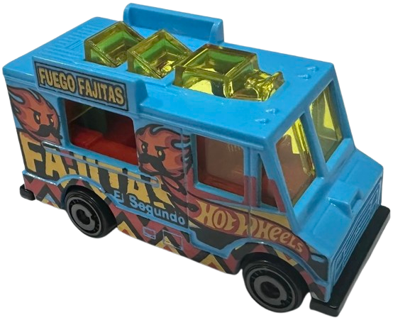 Hot Wheels 2025 - Collector # 149/250 - Fast Foodie 3/5 - Quick Bite - Bright Blue / 'Fuego Fajitas' - Aero Disc Wheels - USA 'Let's Race' Card