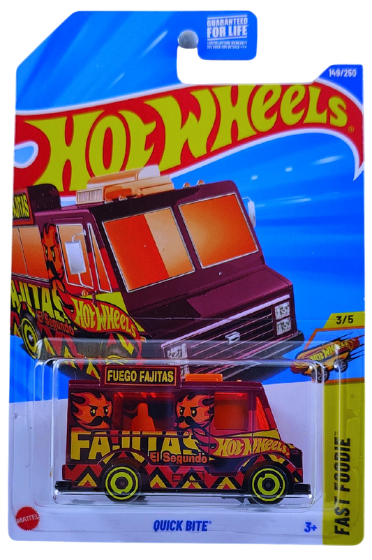 Hot Wheels 2025 - Collector # 149/250 - Fast Foodie 3/5 - Quick Bite - Maroon / 'Fuego Fajitas' - Yellow Aero Disc Wheels - USA Card