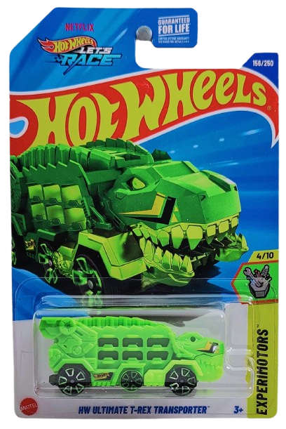 Hot Wheels 2025 - Collector # 156/250 - Experimotors 4/10 - HW Ultimate T-Rex Transporter - Green - Green TRAP5 Wheels - USA 'Let's Race' Card