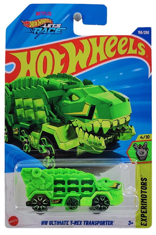 Hot Wheels 2025 - Collector # 156/250 - Experimotors 4/10 - HW Ultimate T-Rex Transporter - Green - Green TRAP5 Wheels - International 'Let's Race' Card