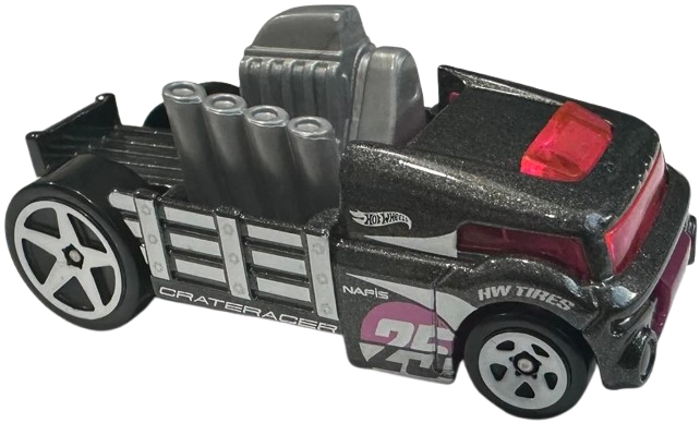 Hot Wheels 2025 - Collector # 160/250 - Experimotors 5/10 - Crate Racer - Metalflake Dark Grey - White 5 Spoke Wheels - USA 'Let's Race' Card