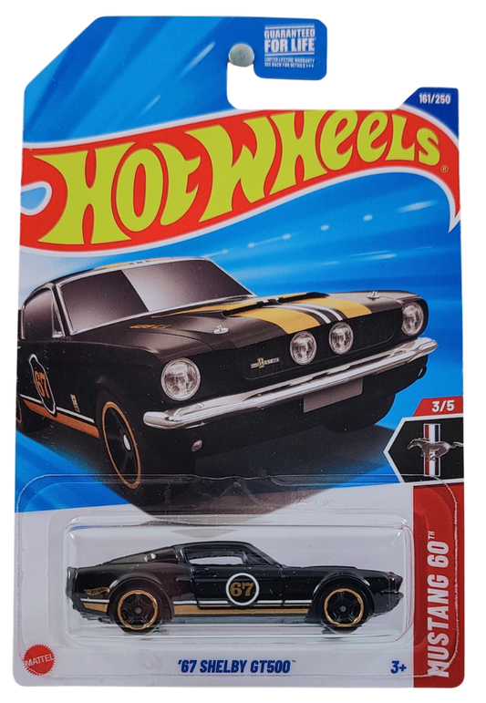 Hot Wheels 2025 - Collector # 161/250 - Mustang 60th 3/5 - '67 Shelby GT500 - Black / #67 / Gold & White Stripes - Muscle Car 5 Spoke Wheels - USA Card