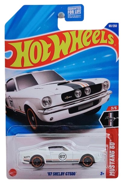 Hot Wheels 2025 - Collector # 161/250 - Mustang 60th 3/5 - '67 Shelby GT500 - White / #67 / Black & Orange Stripes - Muscle Car 5 Spoke Wheels - USA Card