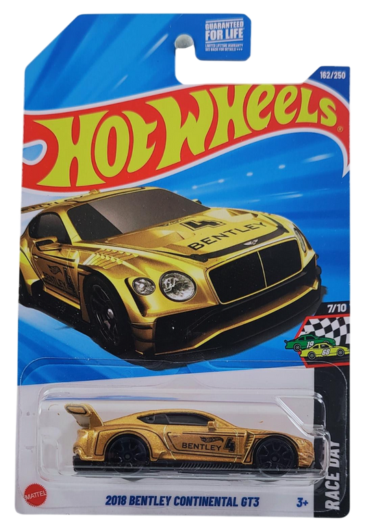 Hot Wheels 2025 - Collector # 162/250 - HW Race Day 7/10 - 2018 Bentley Continental GT3 - Gold Metalflake with Black Pinstripes - TRAP5 Wheels - USA Card