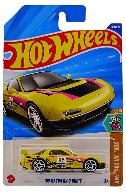 Hot Wheels 2025 - Collector # 163/250 - HW: '70s vs. '90s 9/10 - '95 Mazda RX-7 Drift - Yellow / #95 - International Card