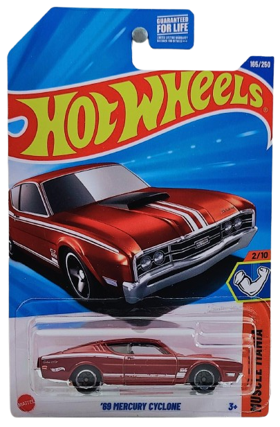 Hot Wheels 2025 - Collector # 165/250 - Muscle Mania 2/10 - '69 Mercury Cyclone - Metalflake Red with White Stripes - Black 5SP Wheels - USA Card