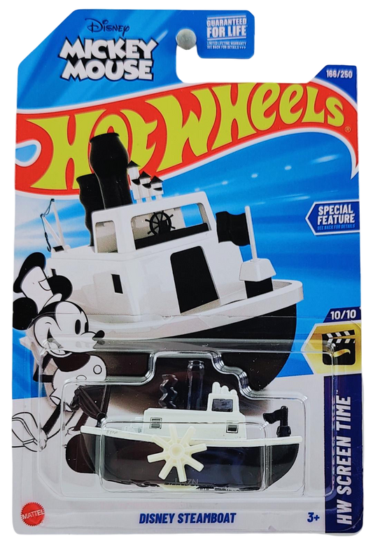 Hot Wheels 2025 - Collector # 166/250 - HW Screen Time 10/10 - Disney Steamboat - White over Black - USA 'Mickey Mouse' Card