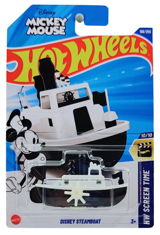 Hot Wheels 2025 - Collector # 166/250 - HW Screen Time 10/10 - Disney Steamboat - White over Black - International 'Mickey Mouse' Card