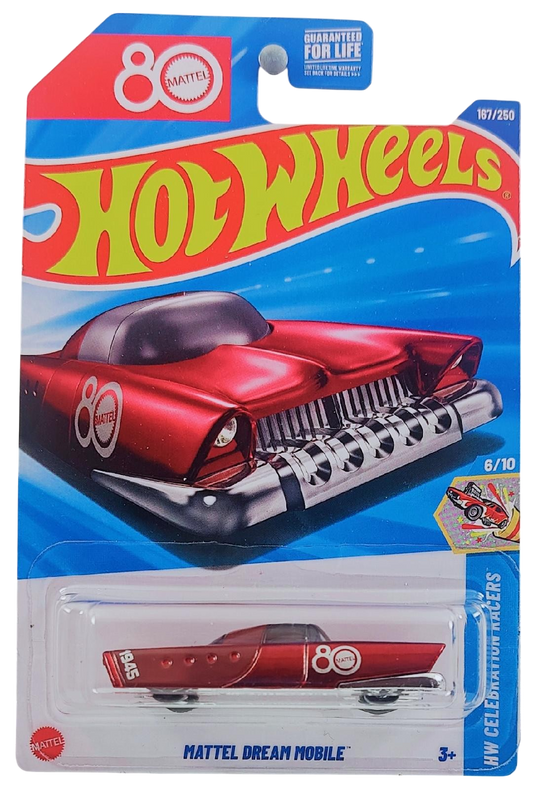 Hot Wheels 2025 - Collector # 167/250 - HW Celebration Racers 6/10 - Mattel Dream Mobile - Metalflake Red with '80' Anniversary Logo - USA '80' Anniversary Logo Card