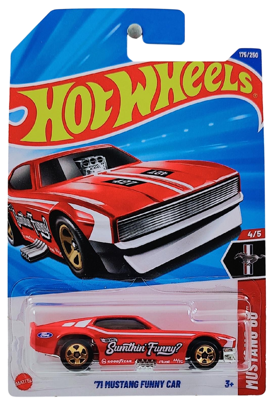 Hot Wheels 2025 - Collector # 175/250 - Mustang 60 4/5 - '71 Mustang Funny Car - Red / Sumthin' Funny? - Copper 5 Spoke Wheels - International Card