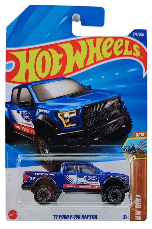 Hot Wheels 2025 - Collector # 178/250 - HW Dirt 9/10 - '17 Ford F-150 Raptor - Blue Metalflake - BLOR Wheels - International Card