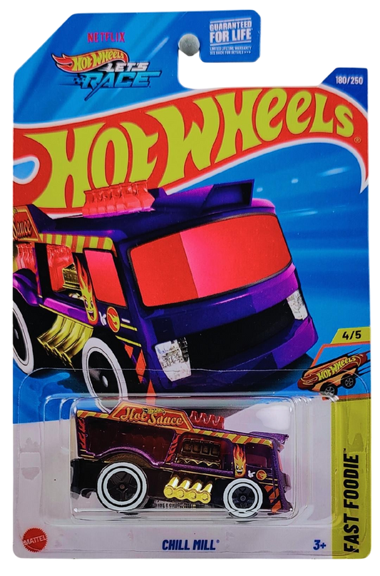Hot Wheels 2025 - Collector # 180/250 - Fast Foodie 4/5 - Treasure Hunts - Chill Mill - Metalflake Purple / Hot Sauce / Circle Flame Logo on Doors - White Walls - USA Card