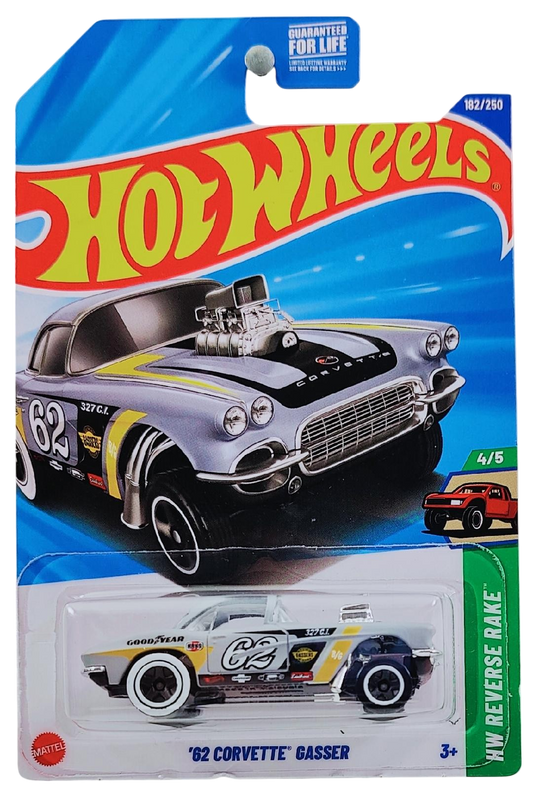 Hot Wheels 2025 - Collector # 182/250 - HW Reverse Rake 4/5 - '62 Corvette Gasser - Matte Gray / #62 / Various Racing Decals - White Walls - International Card