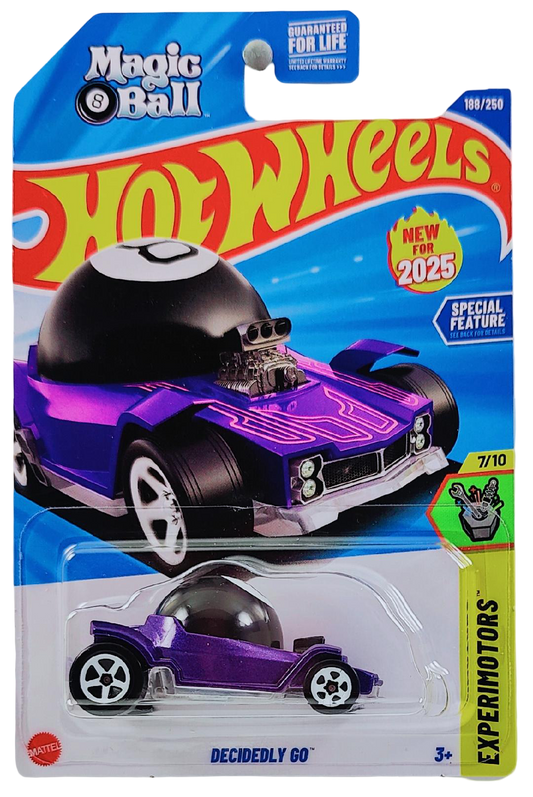 Hot Wheels 2025 - Collector # 188/250 - Experimotors 7/10 - New Models - Decidedly Go - Purple Metalflake & Black / #8 - White 5 Spoke Wheels - USA 'Magic Ball' Card