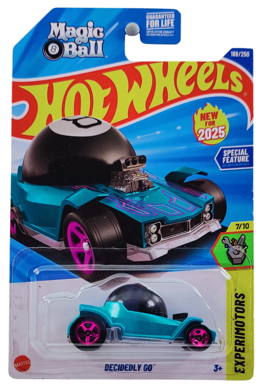 Hot Wheels 2025 - Collector # 188/250 - Experimotors 7/10 - New Models - Decidedly Go - Teal Metalflake & Black / #8 - Purple 5 Spoke Wheels - USA 'Magic Ball' Card