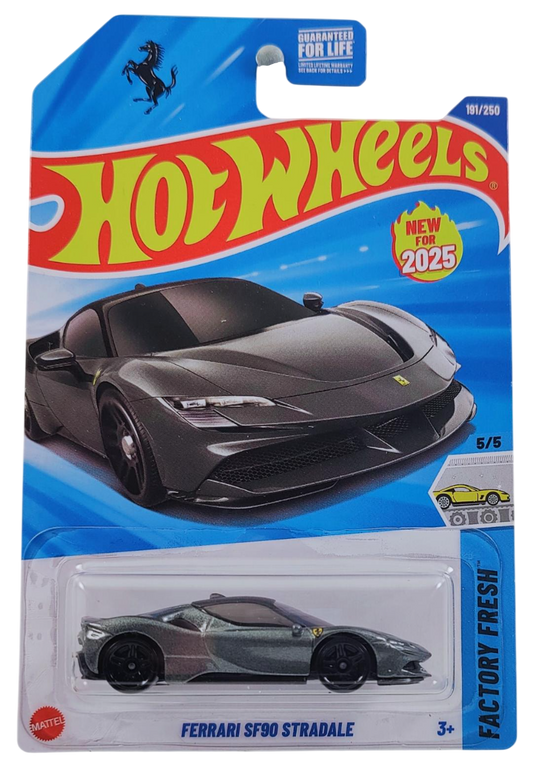 Hot Wheels 2025 - Collector # 191/250 - Factory Fresh 5/5 - Ferrari SF90 Stradale - Metalflake Dark Gray / Black Roof - Black PR5 Wheels - USA 'Prancing Horse' Card