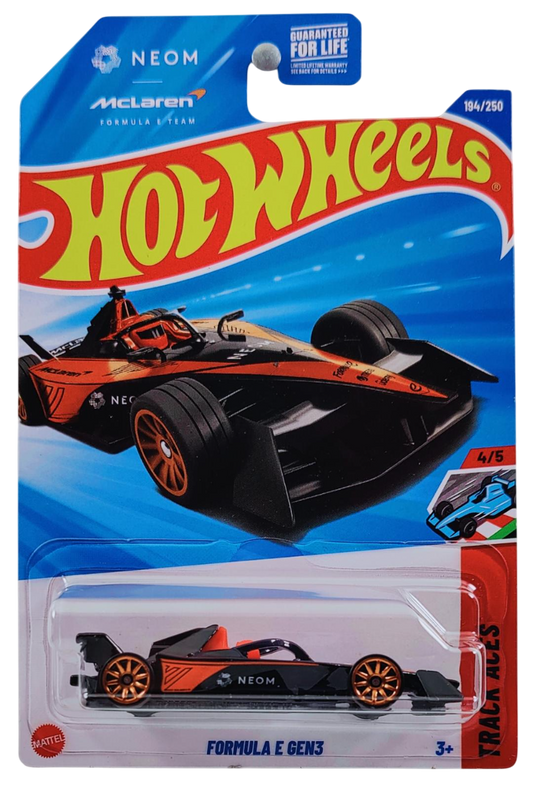 Hot Wheels 2025 - Collector # 194/250 - Track Aces 4/5 - Formula E Gen3 - Black - Orange 10 Spoke Wheels - USA 'NEOM McLaren' Card