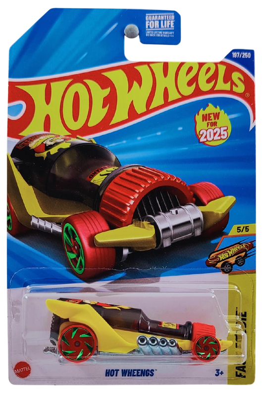 Hot Wheels 2025 - Collector # 197/250 - Fast Foodie 5/5 - New Models - Hot Wheengs - Yellow Body / Red Sauce in Bottle / Red Tires with Green Rims - USA Card