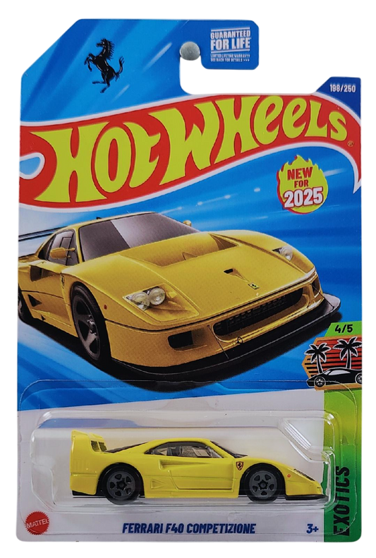 Hot Wheels 2025 - Collector # 198/250 - HW Exotics 4/5 - New Models - Ferrari F40 Competizione - Yellow - Gray 5 Spokes - USA 'Prancing Horse' Card